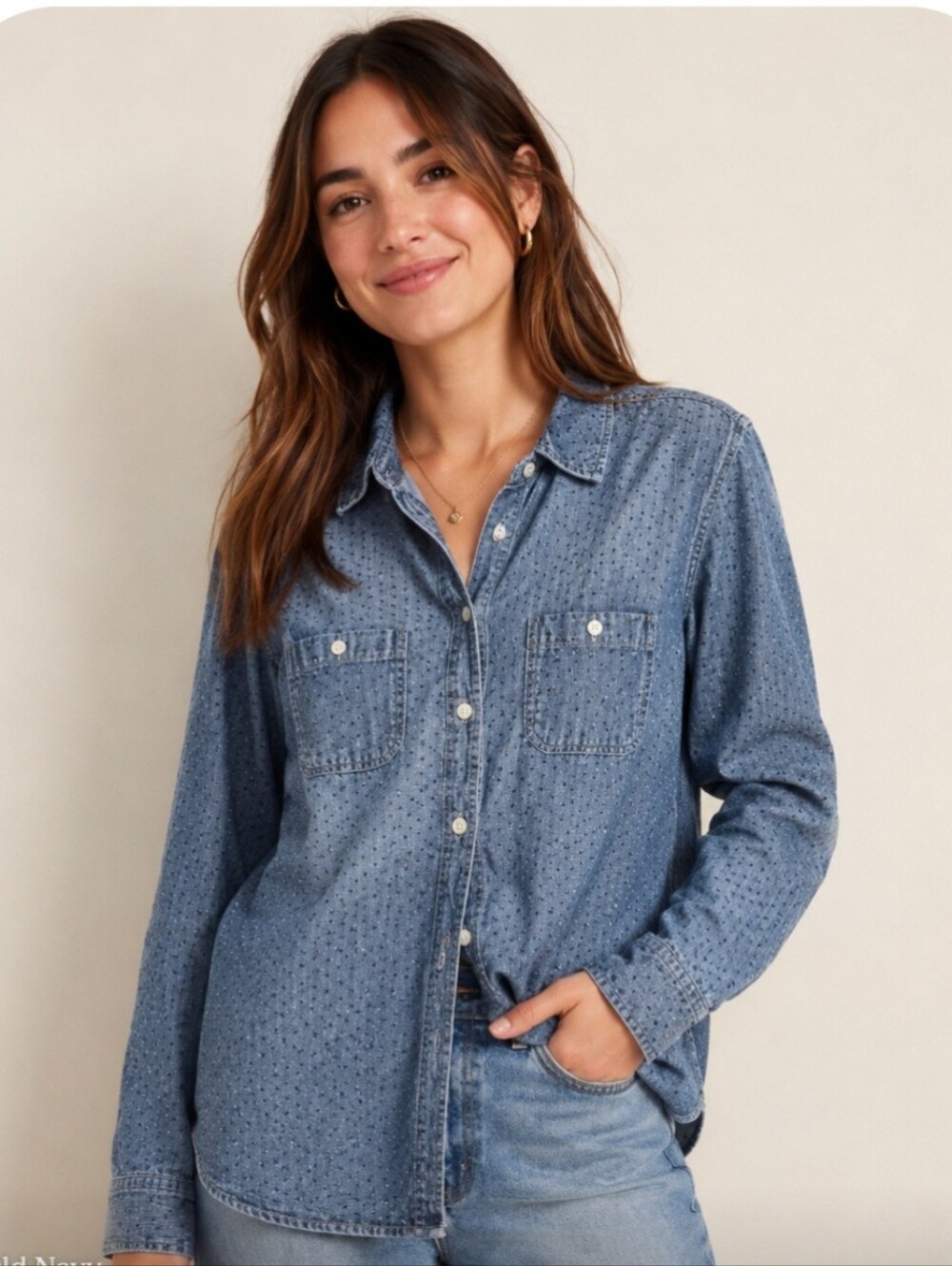 Old Navy Women's Swiss Dot Chambray Denim-look Button-Up Shirt